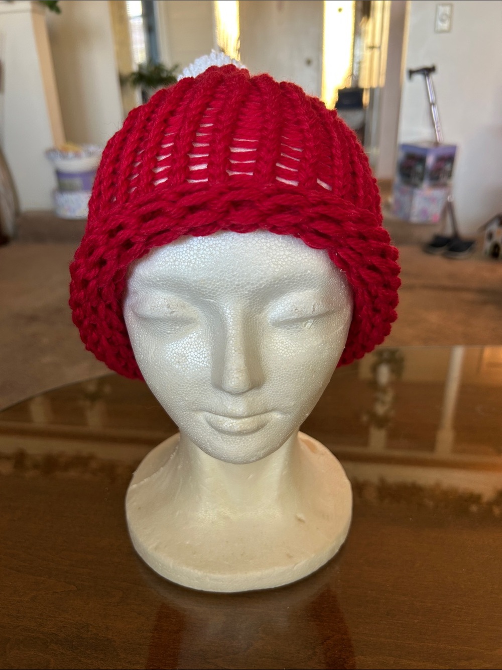 Red Knitted Pom Beanie - Women's Winter Hat
